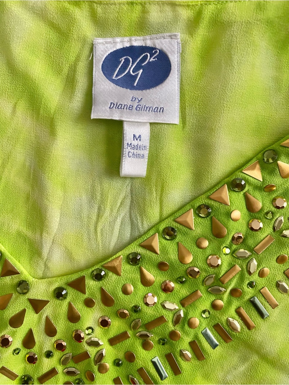 Diane Gilman Lime Green Tie-Dye Beaded V-Neck Kaftan Beach Resort Vacation Top M - Picture 10 of 14